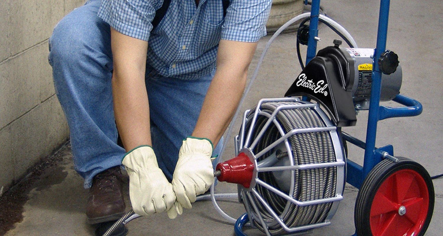 This drain cleaning machine features 2-way auto cable feed with hands off rotating cable for added safety.